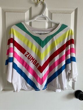 Zumba Fitness Cropped Tee in White with Multi-Color Chevron Stripes